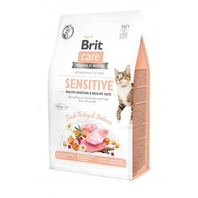 Сухий корм Brit Care Cat GF Sensitive HDigestion & Delicate Taste для котів з чутливим травленням, індичка та лосось, 400 г 171283 фото