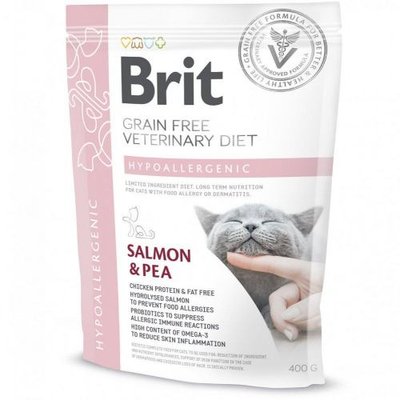Сухий корм Brit GF VetDiet Cat Hypoallergenic для котів, з харчовою алергією та непереносимістю, з лососем та горохом, 400 г 170961/528387 фото